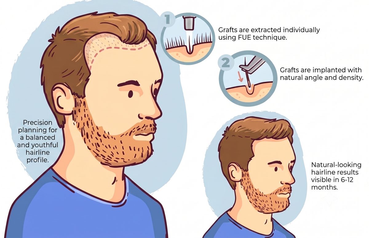 Illustration showing how a natural hairline is planned and restored