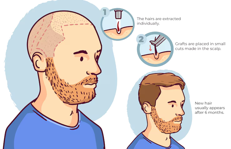 Illustration of the FUE hair transplant process from extraction to full regrowth